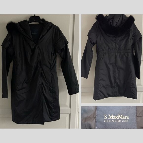 ‘S MaxMara Black Fur Trim Hooded Coat nbnn